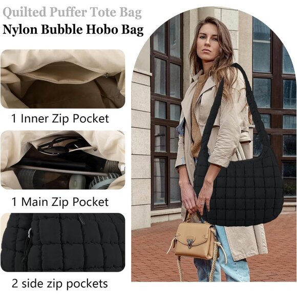 Women's Black Lightweight Cotton Puffy Quilted Hobo Bag Retro Soft Shoulder Bag - Picture 3 of 7